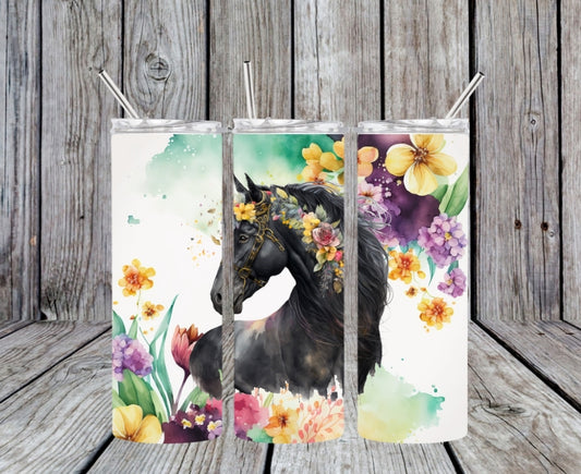 black horse with flower