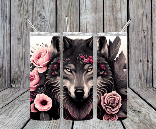 black wolf with flower